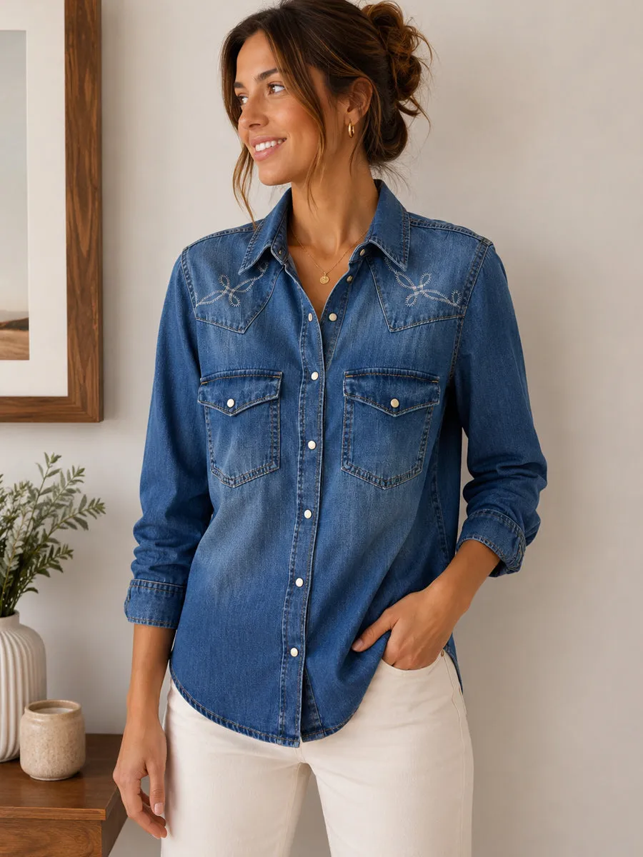 Blue Embroidered Seam Detail Fitted Denim Western 100% Cotton Shirt sold by Your Style Outlet product image thumbnail 2