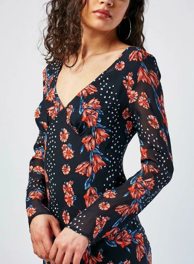 Ex Topshop Black Floral Fit Flare V Neck Long Sleeve Dress sold by Your Style Outlet