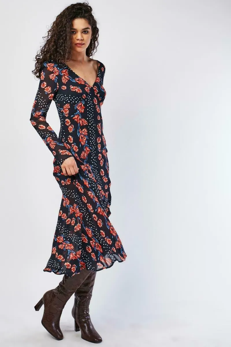 Ex Topshop Black Floral Fit Flare V Neck Long Sleeve Dress sold by Your Style Outlet product image thumbnail 5