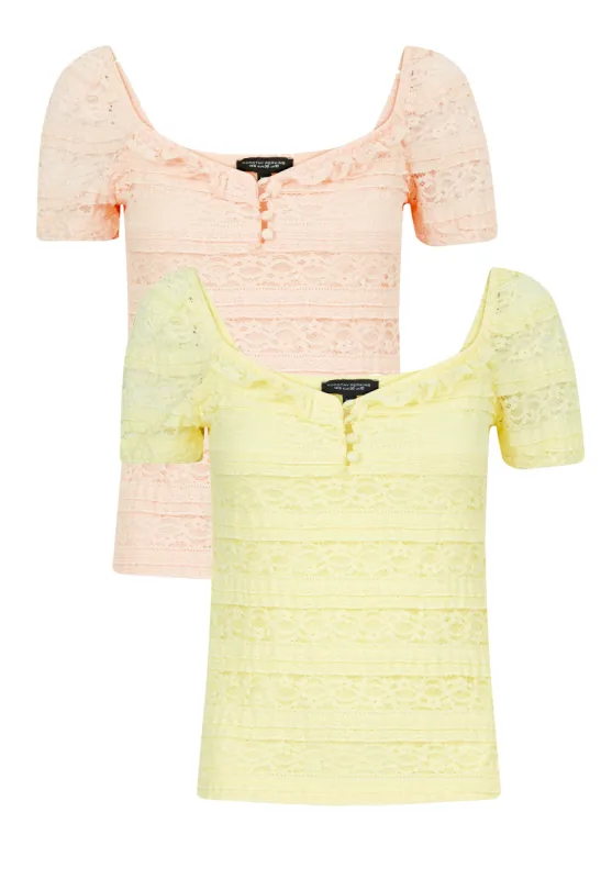 Ex Dorothy Perkins Lace Square Neck Top In Peach / Lemon made by Your Style Outlet