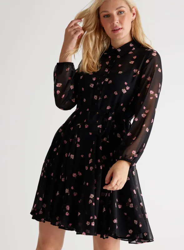 Ladies Black & Pink Floral Chiffon Shirt Dress sold by Your Style Outlet