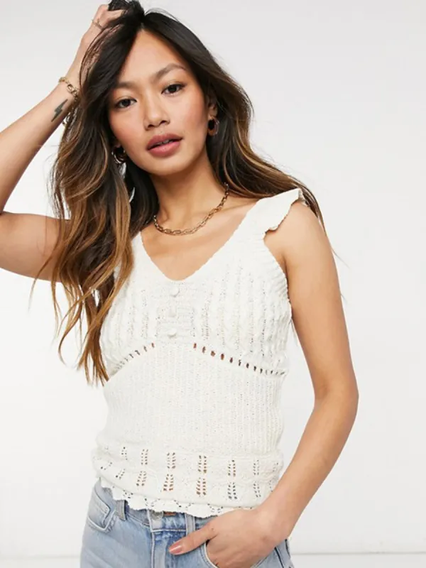 Ruffle Shoulder Pointelle Knitted Vest Top Ecru sold by Your Style Outlet