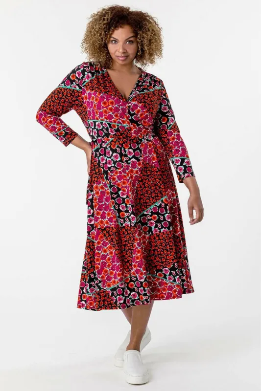 Ex Evans Red Floral Wrap Midi V Neck Skater Plus Size Dress sold by Your Style Outlet