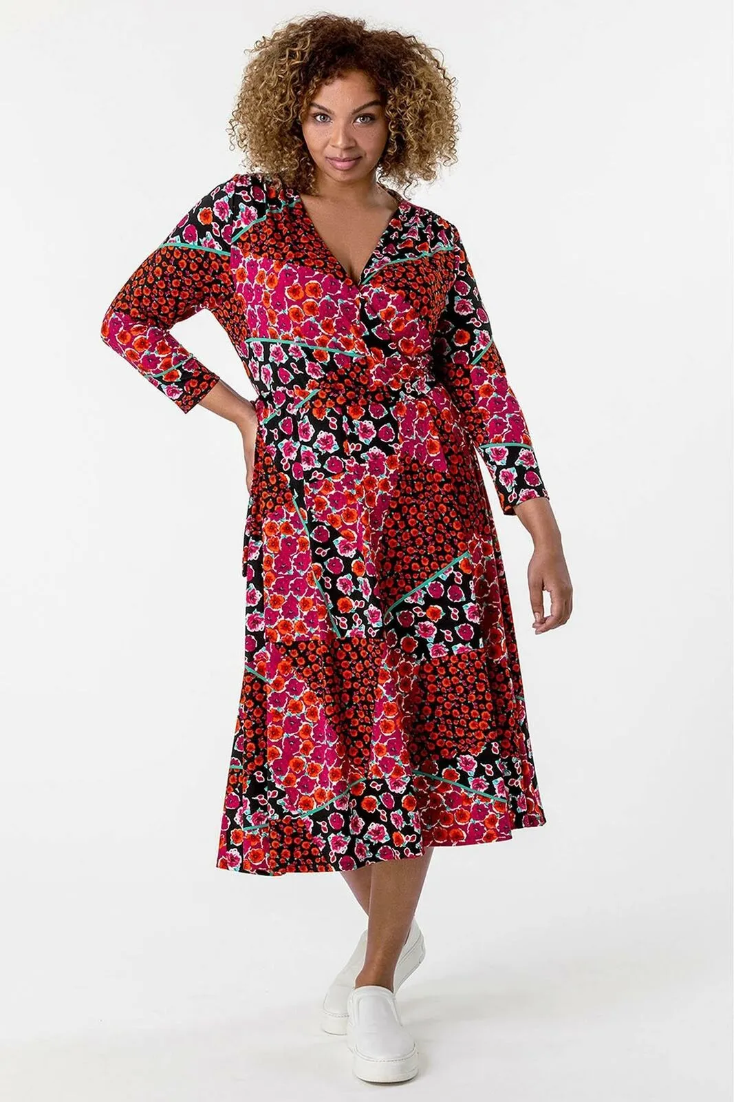 Ex Evans Red Floral Wrap Midi V Neck Skater Plus Size Dress sold by Your Style Outlet