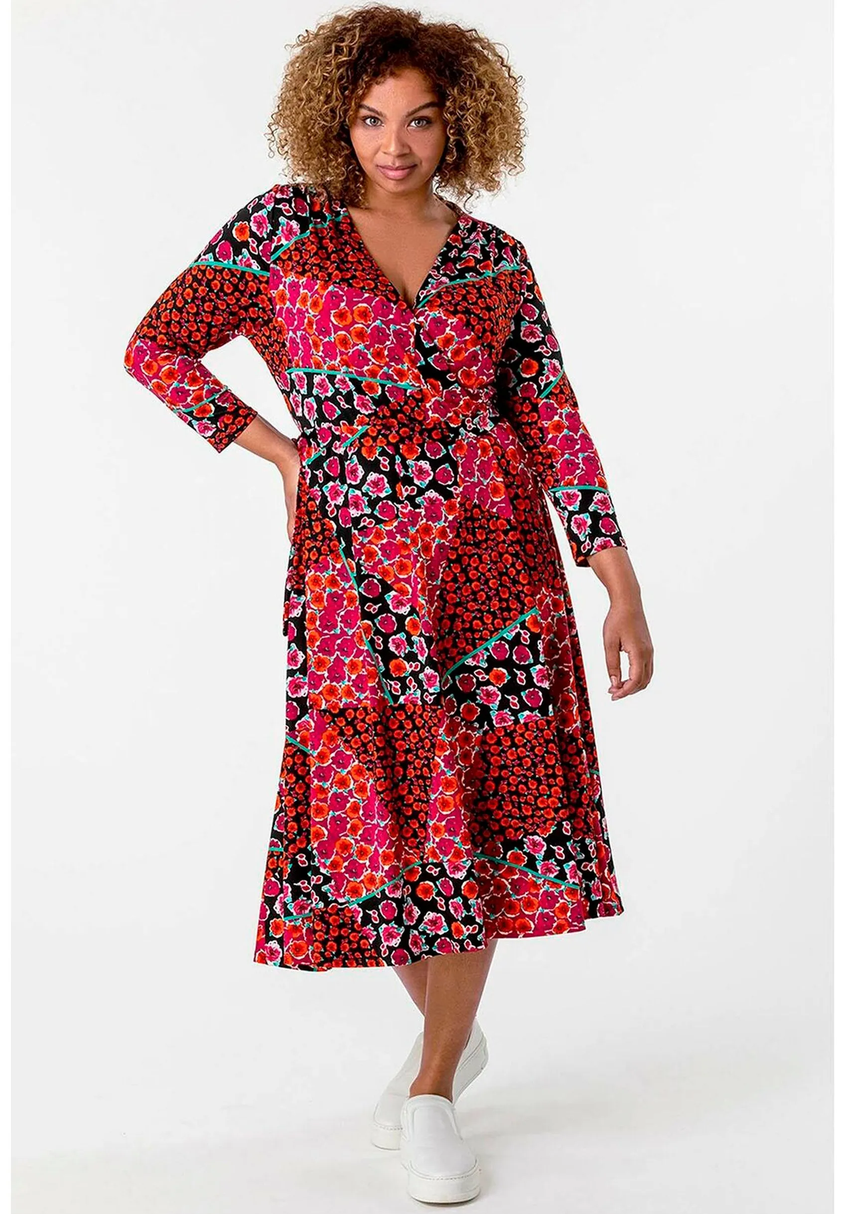 Ex Evans Red Floral Wrap Midi V Neck Skater Plus Size Dress sold by Your Style Outlet product image thumbnail 5