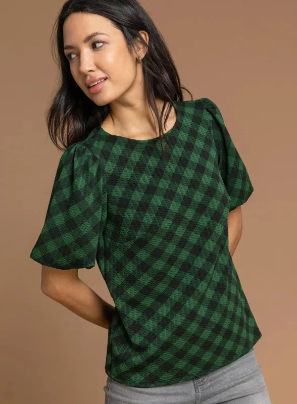 Ex Roman Ladies Green Black Check Print Puff Sleeve Top sold by Your Style Outlet