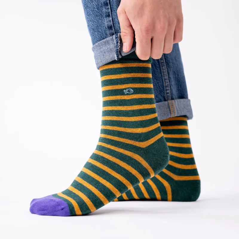 Chaussettes en coton peigné A rayures larges - Vert, rayé jaune sold by Billybelt