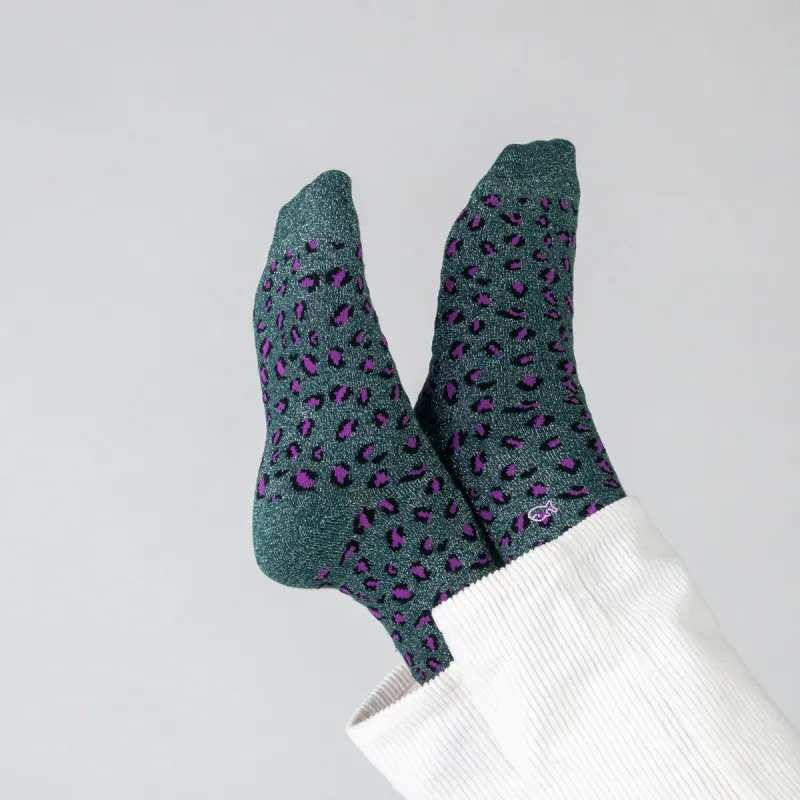 Chaussettes pailletées en coton peigné léopard - Vert sapin sold by Billybelt