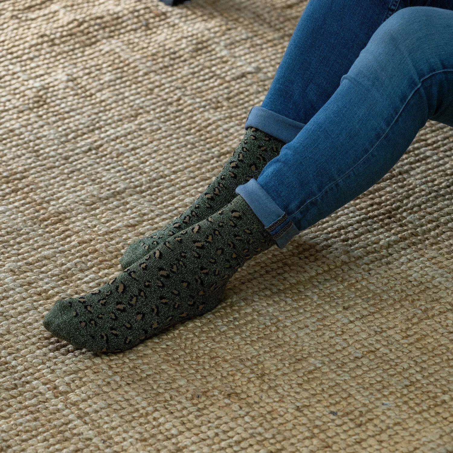 Chaussettes pailletées en coton peigné Léopard - Kaki sold by Billybelt product image thumbnail 4
