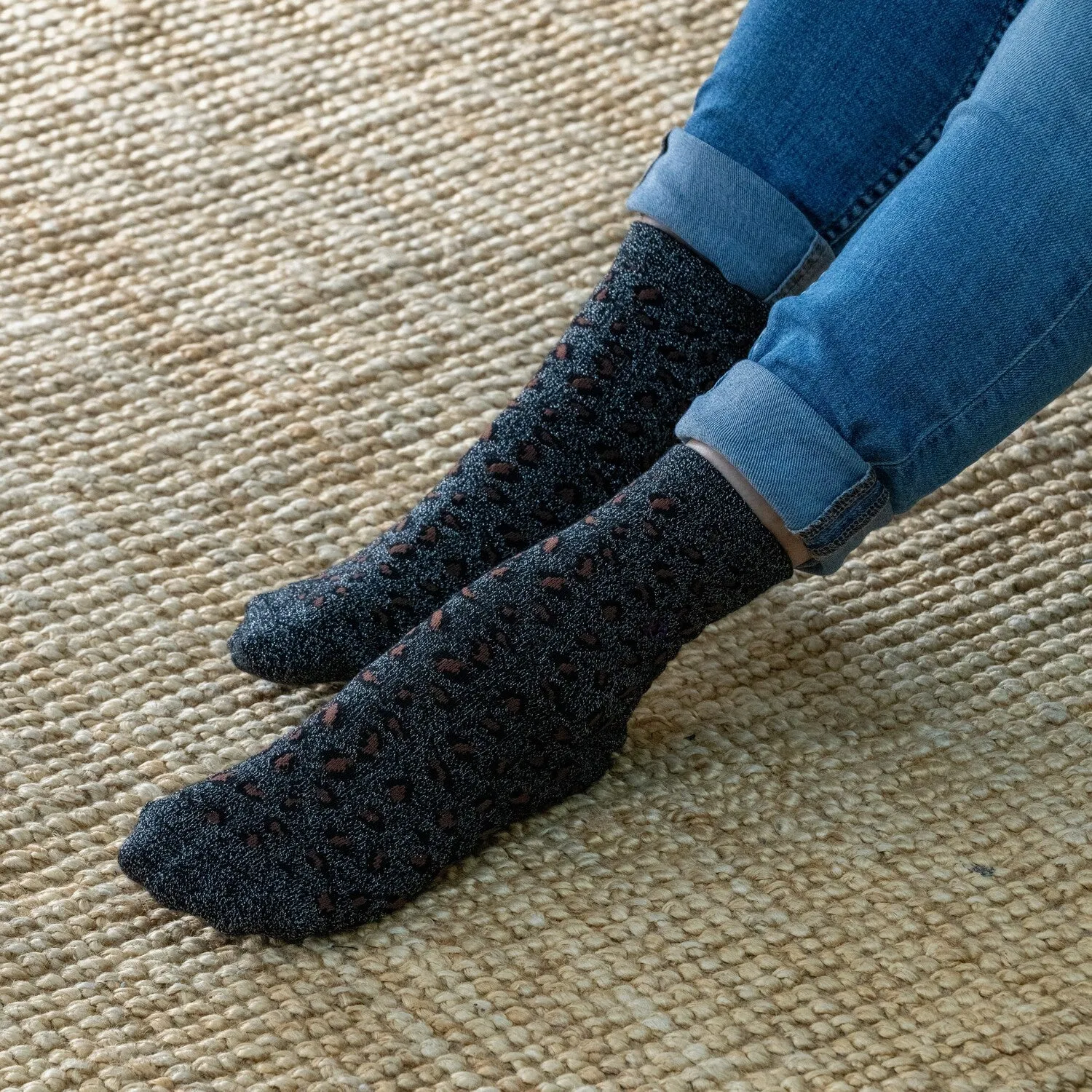 Chaussettes pailletées en coton peigné Léopard - Noir sold by Billybelt