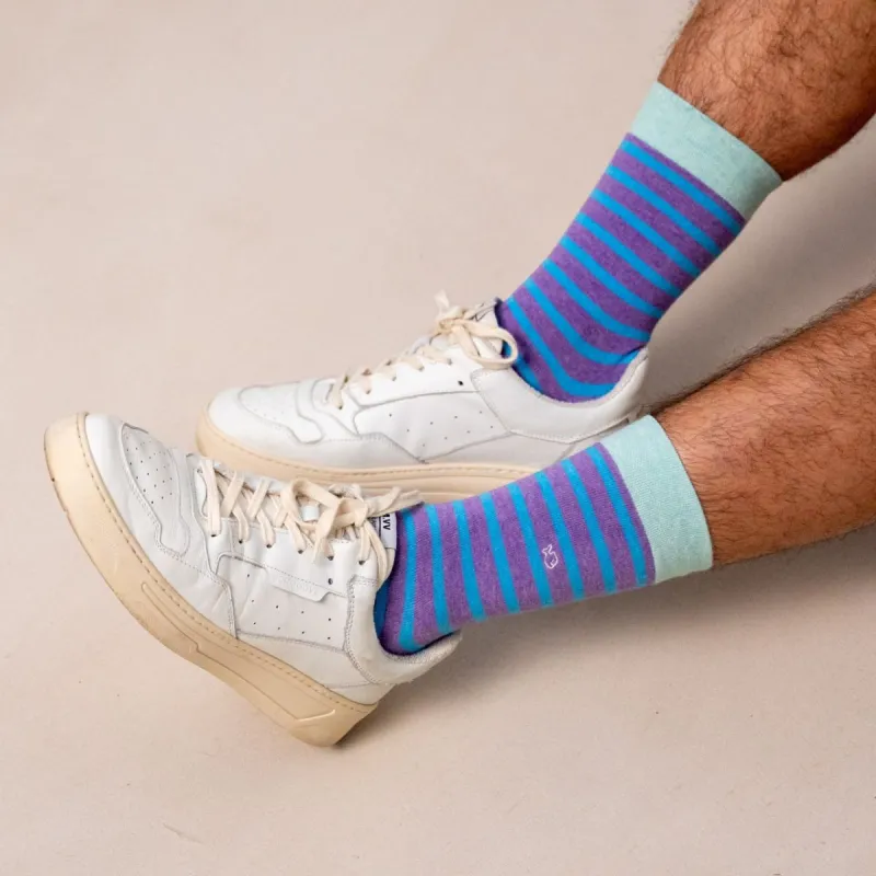 Chaussettes en coton peigné à rayures larges - Violet chiné, rayé bleu sold by Billybelt