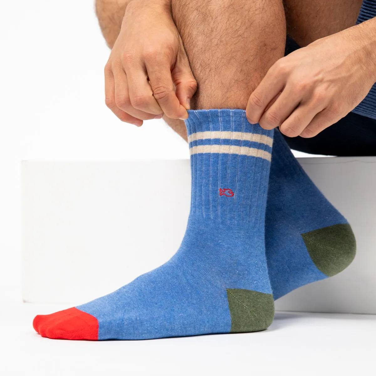 Chaussettes en coton peigné rétro - Bleu clair, rayé beige sold by Billybelt product image thumbnail 4