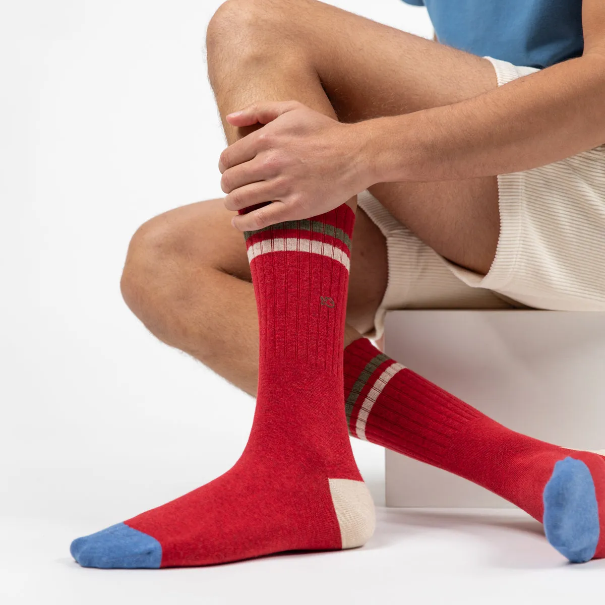 Chaussettes en coton peigné rétro - Rouge, rayé vert et beige sold by Billybelt product image thumbnail 3