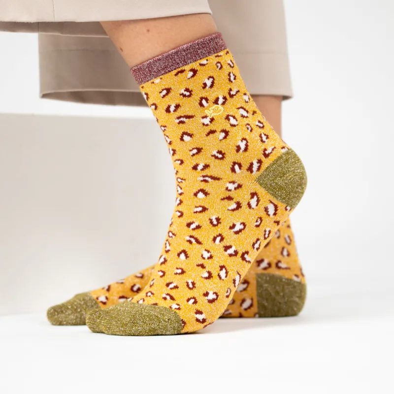 Chaussettes pailletées en coton peigné léopard - Jaune sold by Billybelt