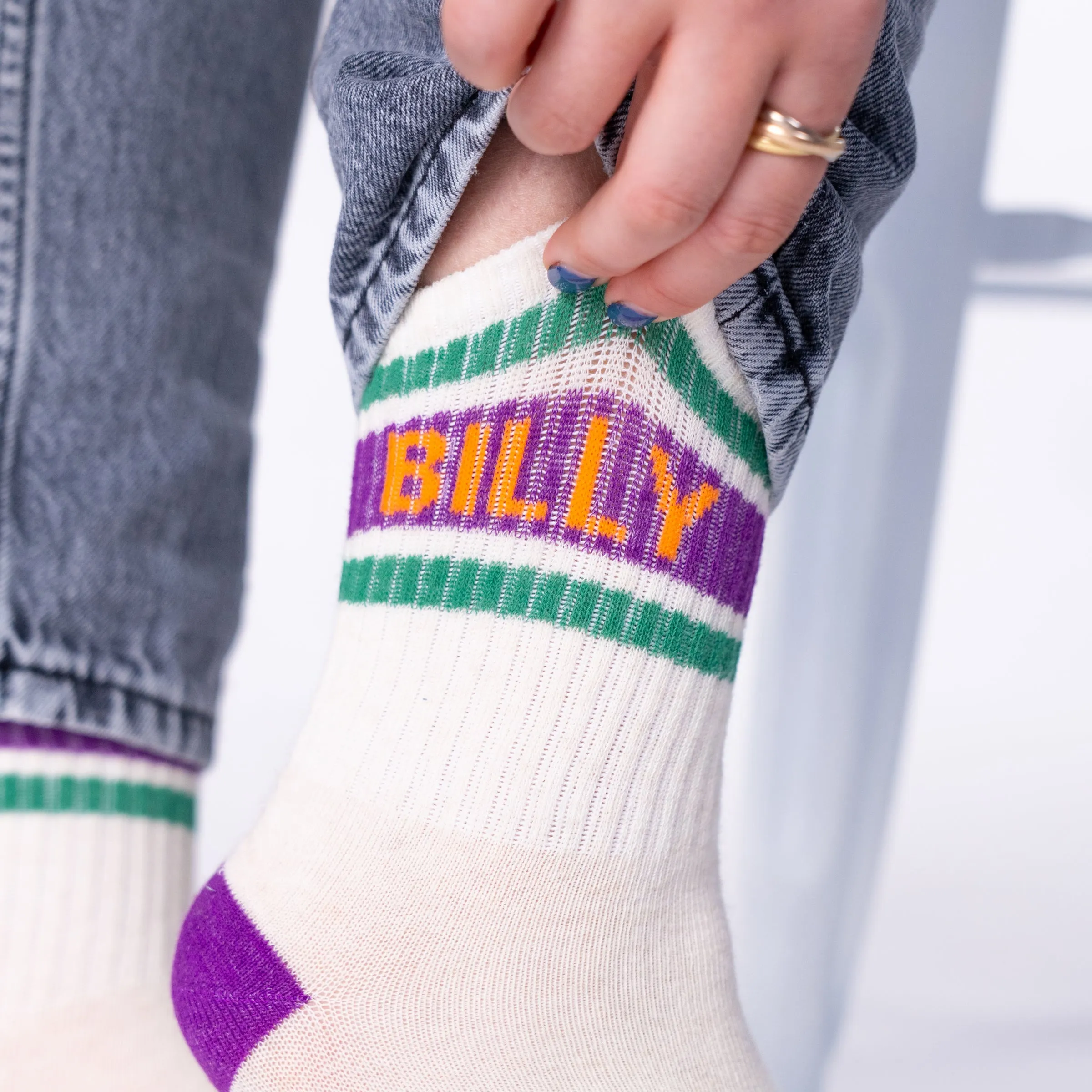 Chaussettes tennis - Ecru, rayé violet et vert sold by Billybelt product image thumbnail 2