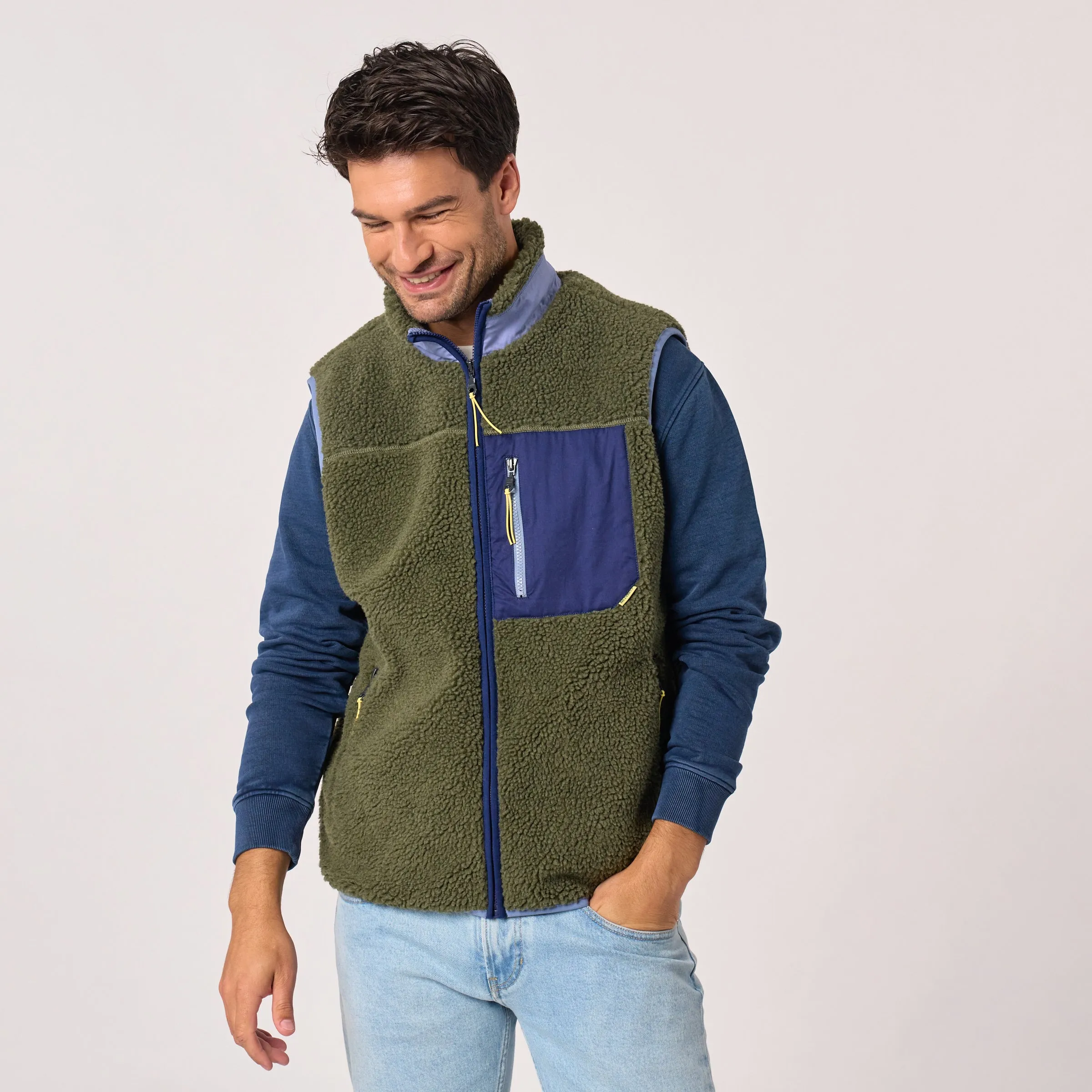 Veste sherpa mixte zippée sans manches - Kaki et marine sold by Billybelt