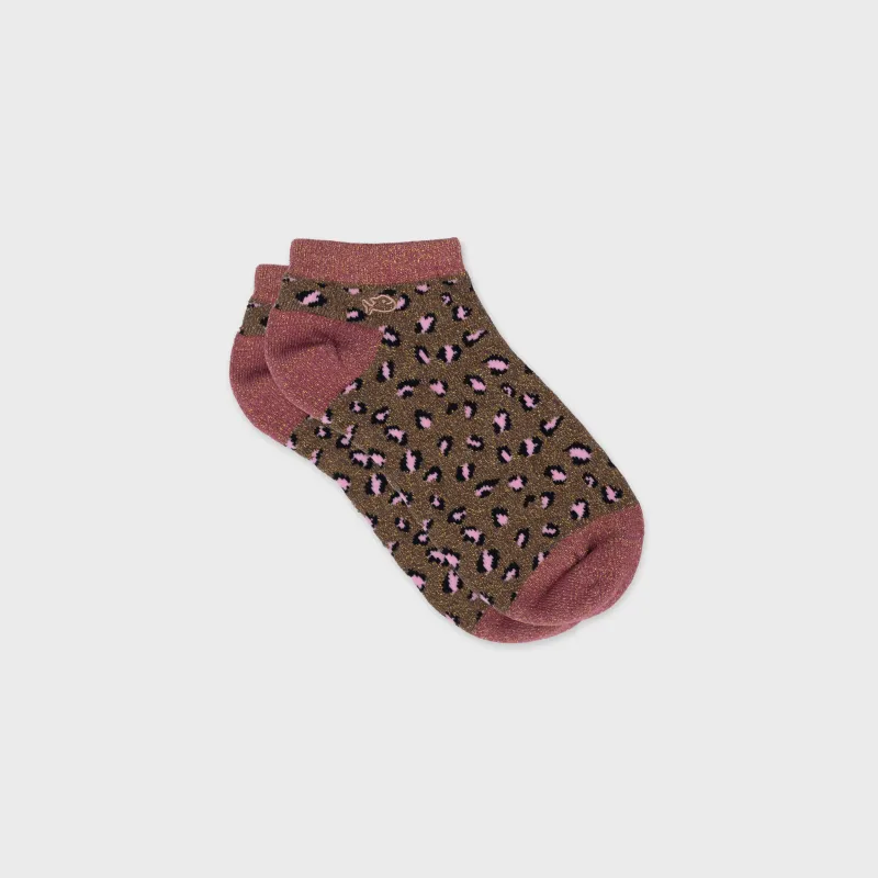 Socquettes pailletées en coton peigné léopard - Marron et rose sold by Billybelt