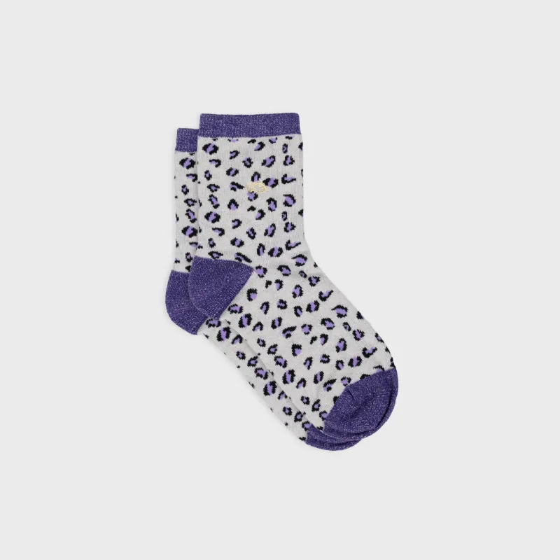 Chaussettes pailletées en coton peigné léopard - Écru et violet sold by Billybelt