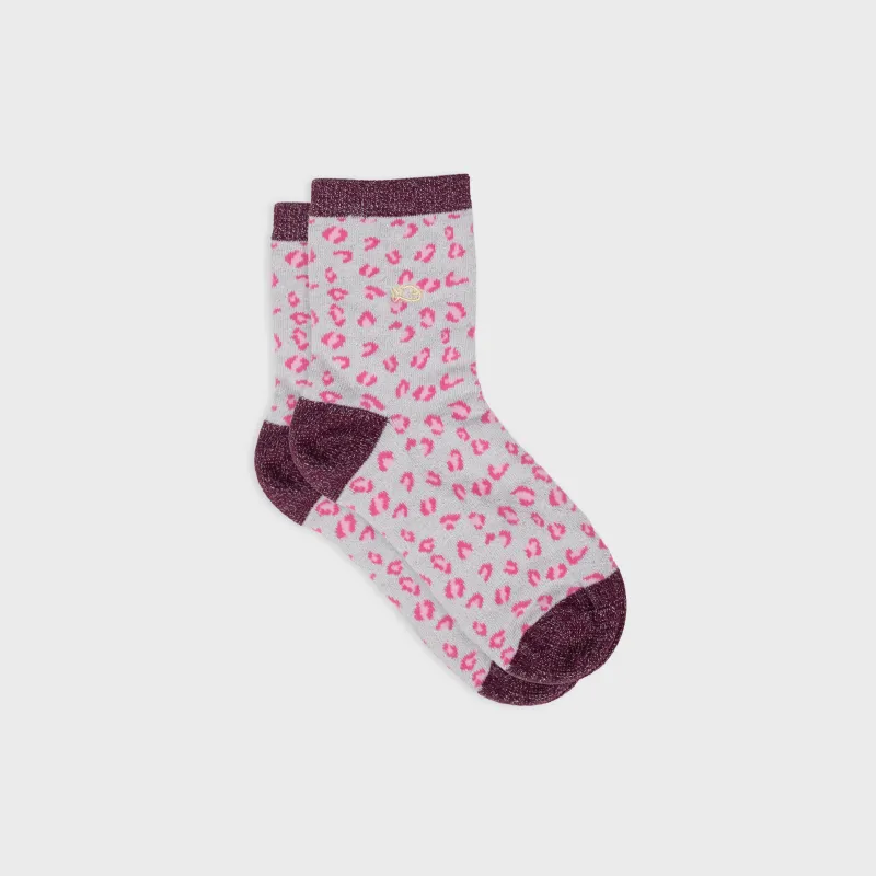 Chaussettes pailletées en coton peigné léopard - Blanc et lie de vin sold by Billybelt