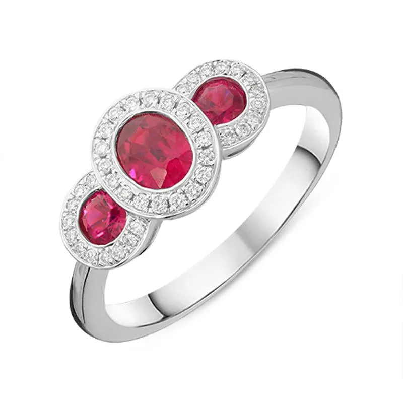 18ct White Gold 0.67ct Ruby Diamond Trilogy Cluster Ring sold by Jura Watches