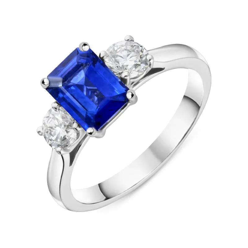 18ct White Gold 1.39ct Sapphire 0.66ct Diamond Emerald Cut Trilogy Ring sold by Jura Watches