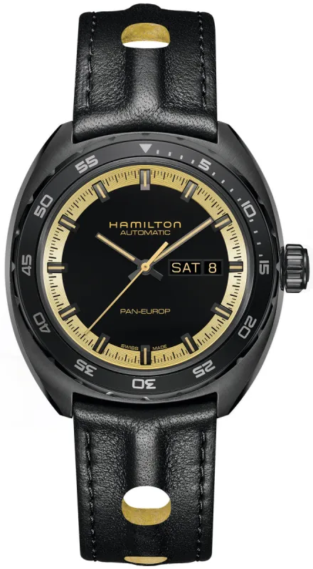 Hamilton Watch American Classic Pan Europ Day Date Black & Gold made by Jura Watches