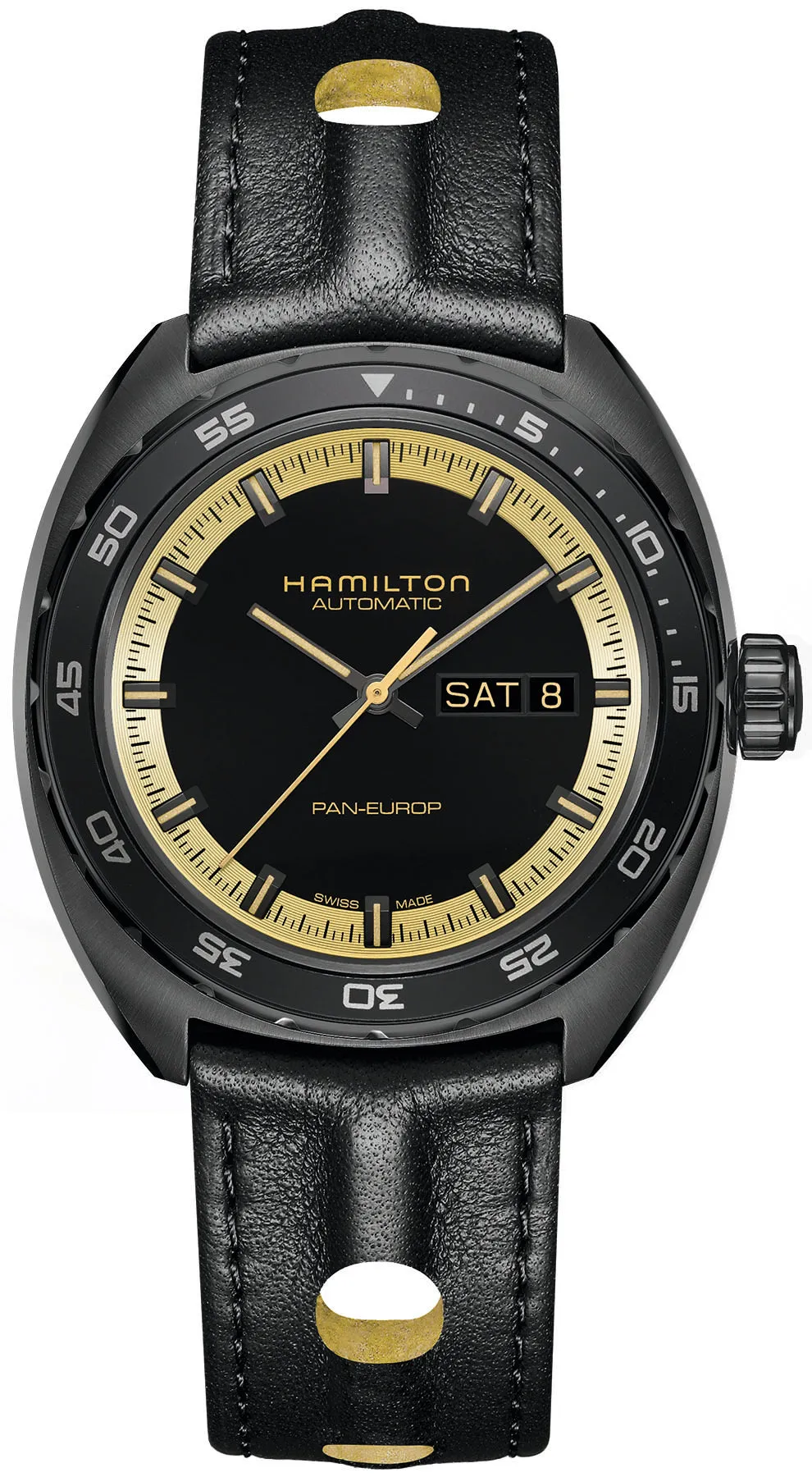 Hamilton Watch American Classic Pan Europ Day Date Black & Gold sold by Jura Watches