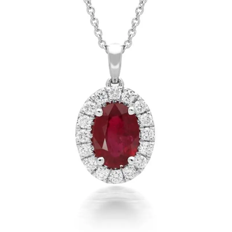18ct White Gold1.02ct Ruby Diamond Oval Cluster Necklace sold by Jura Watches