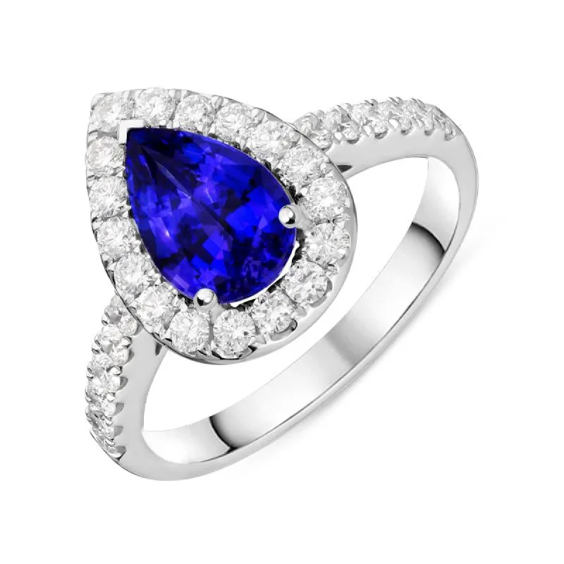 18ct White Gold 1.65ct Tanzanite 0.63ct Diamond Pear Cut Halo Ring sold by Jura Watches