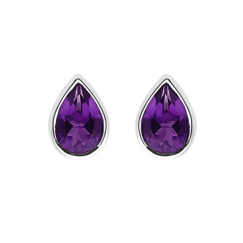 9ct White Gold Amethyst 6x4mm Pear Rub Over Set Stud Earrings sold by Jura Watches
