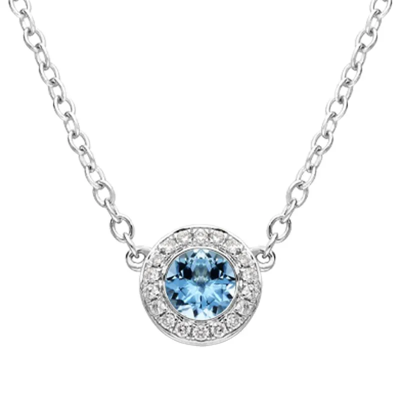 18ct White Gold 0.25ct Aquamarine Diamond Halo Necklace sold by Jura Watches