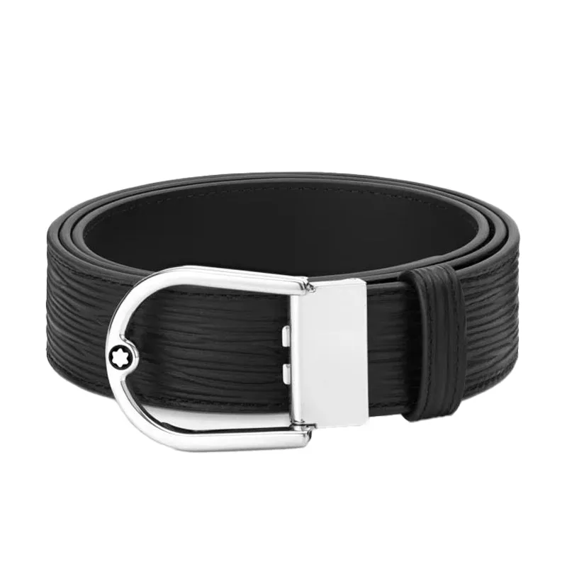 Montblanc Horseshoe Buckle 35mm Reversible Leather Belt Printed Black/Plain Black sold by Jura Watches
