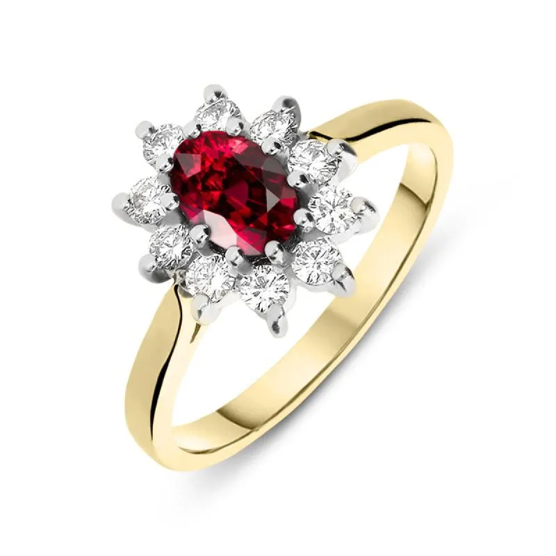 18ct Yellow Gold 0.48ct Ruby 0.29ct Diamond Oval Claw Set Cluster Ring sold by Jura Watches