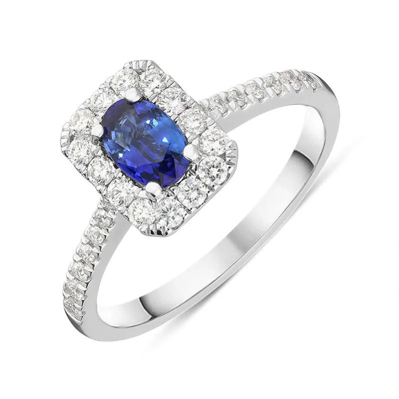 18ct White Gold 0.52ct Sapphire and Diamond Emerald Shape Ring sold by Jura Watches