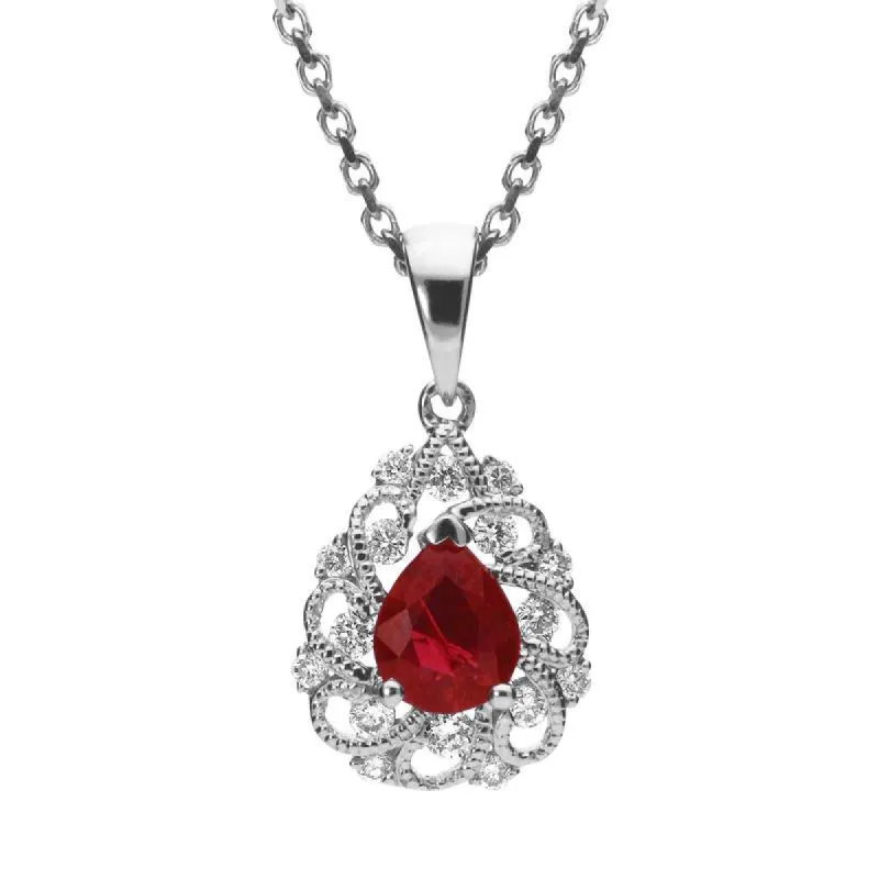 18ct White Gold Ruby and Diamond Pear Swirl Necklace sold by Jura Watches