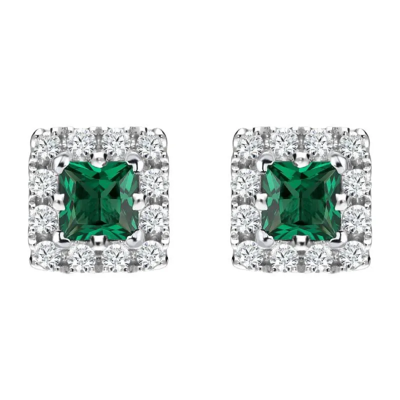 18ct White Gold Emerald Diamond Princess Cut Cluster Stud Earrings D sold by Jura Watches
