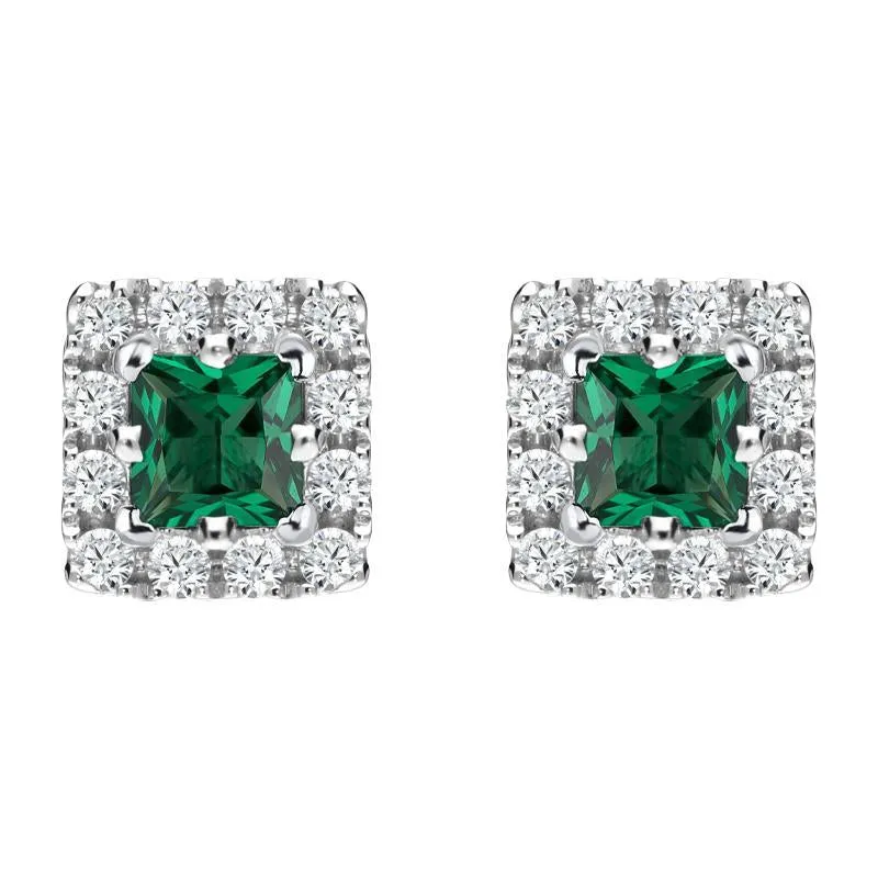 18ct White Gold Emerald Diamond Princess Cut Cluster Stud Earrings D sold by Jura Watches