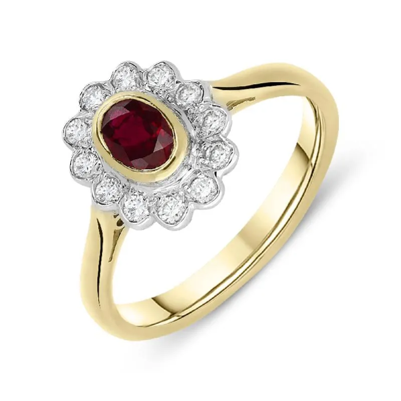 18ct Yellow Gold Ruby Diamond Floral Cluster Ring D sold by Jura Watches
