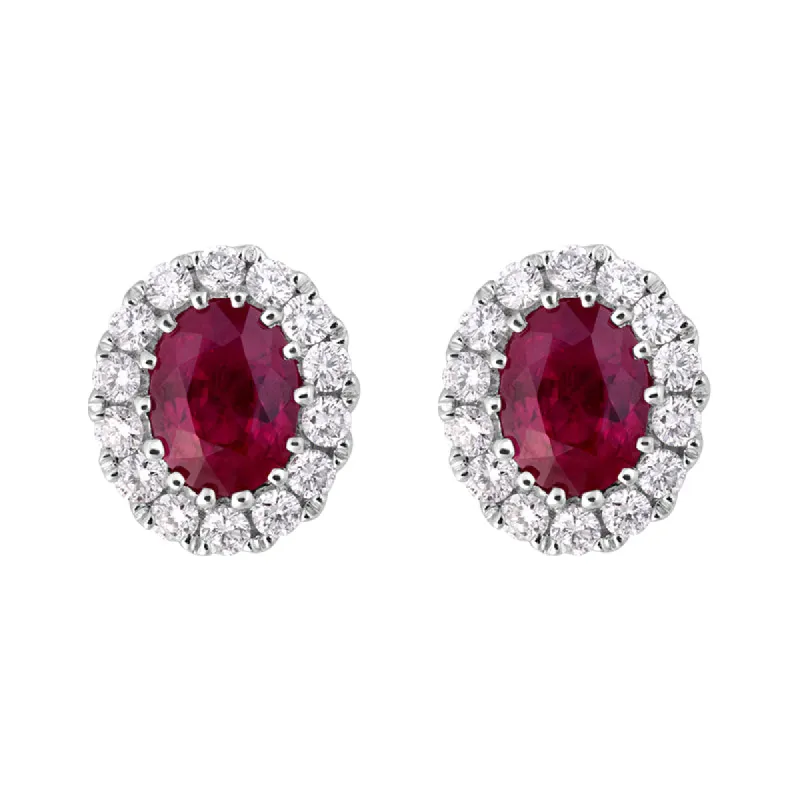 18ct White Gold Ruby Diamond Cluster Oval Stud Earrings sold by Jura Watches
