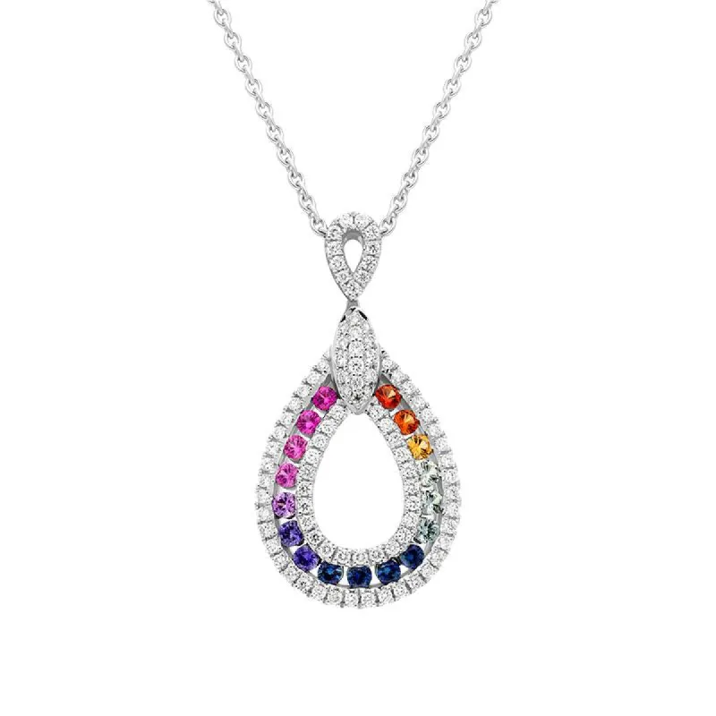 18ct White Gold Mixed Sapphire Diamond Open Pear Drop Necklace sold by Jura Watches