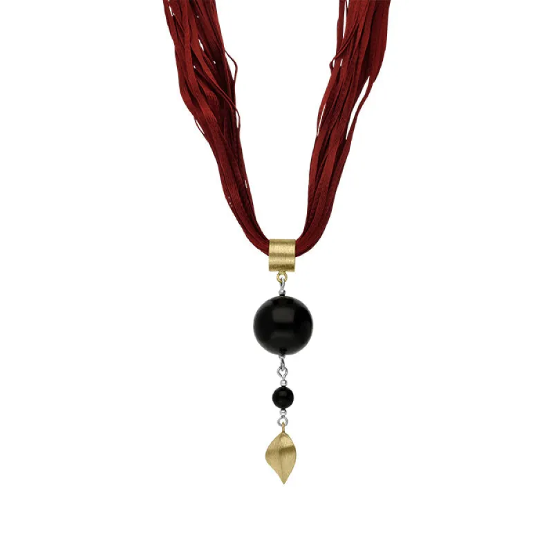 Sterling Silver Gold Plated Whitby Jet Red Silk Leaf Necklace D made by Jura Watches