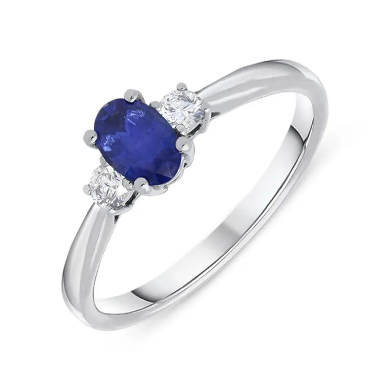 18ct White Gold Sapphire Diamond Oval Trilogy Ring sold by Jura Watches