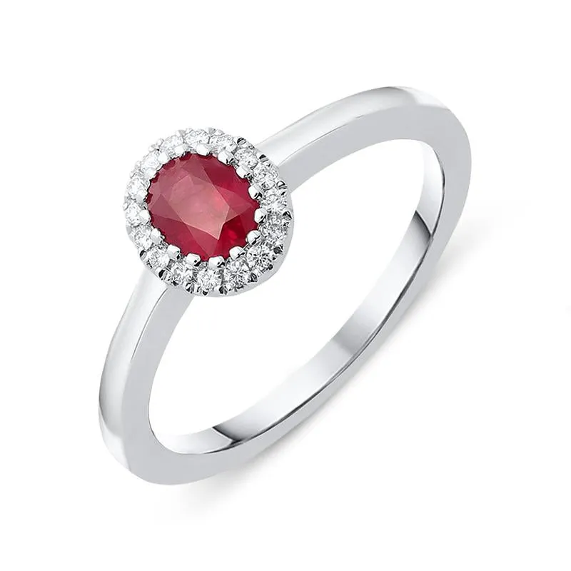 18ct White Gold 0.42ct Ruby Diamond Halo Ring sold by Jura Watches