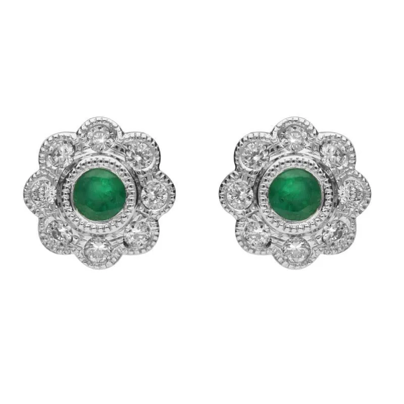 18ct White Gold Emerald and Diamond Round Flower Stud Earrings sold by Jura Watches
