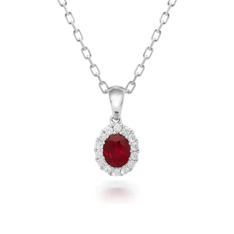 18ct White Gold 0.45ct Ruby Diamond Oval Cluster Necklace sold by Jura Watches
