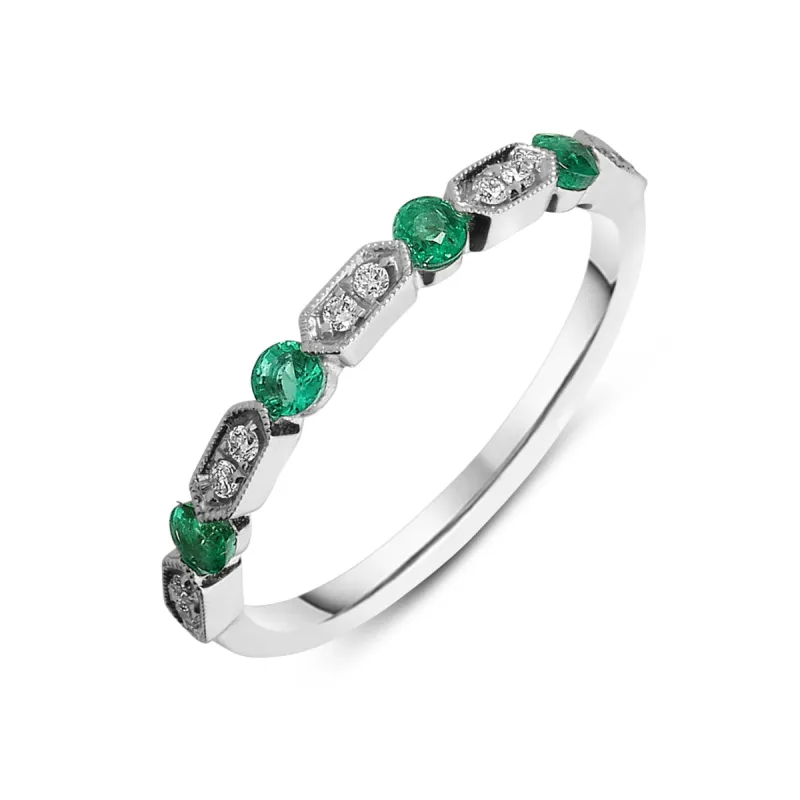 18ct White Gold Emerald Diamond Vintage Style Half Eternity Ring D sold by Jura Watches