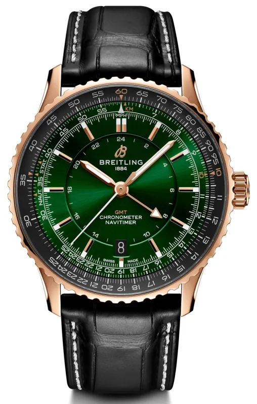 Breitling Navitimer GMT 41 Green 18k Red Gold Leather Watch sold by Jura Watches