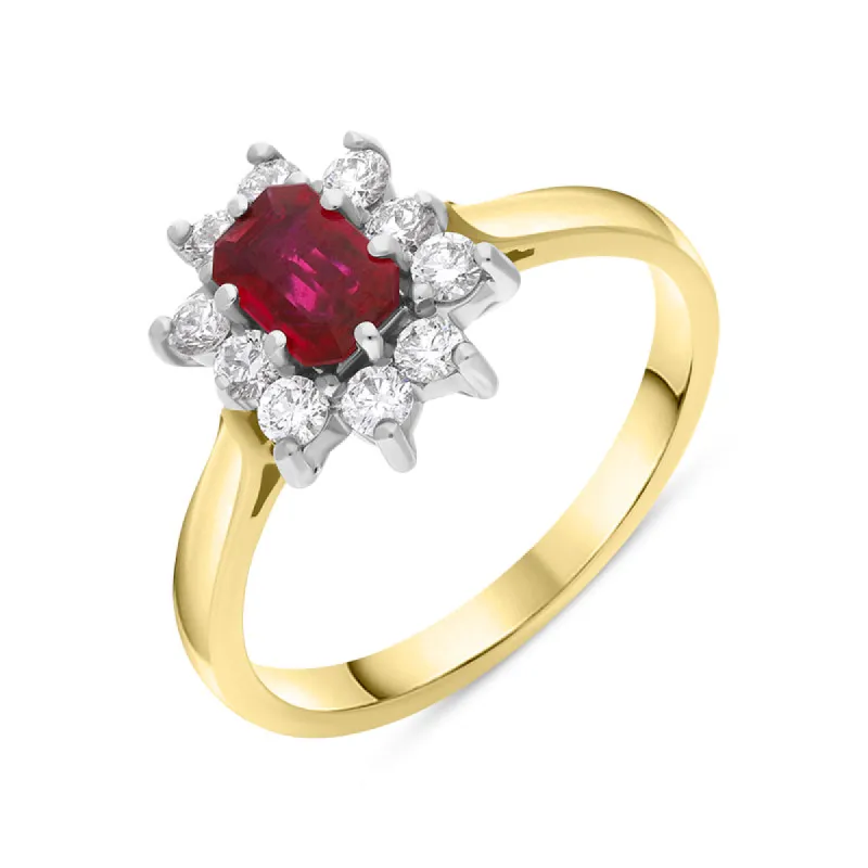 18ct Yellow Gold 0.46ct Ruby Diamond Emerald Cut Cluster Ring sold by Jura Watches