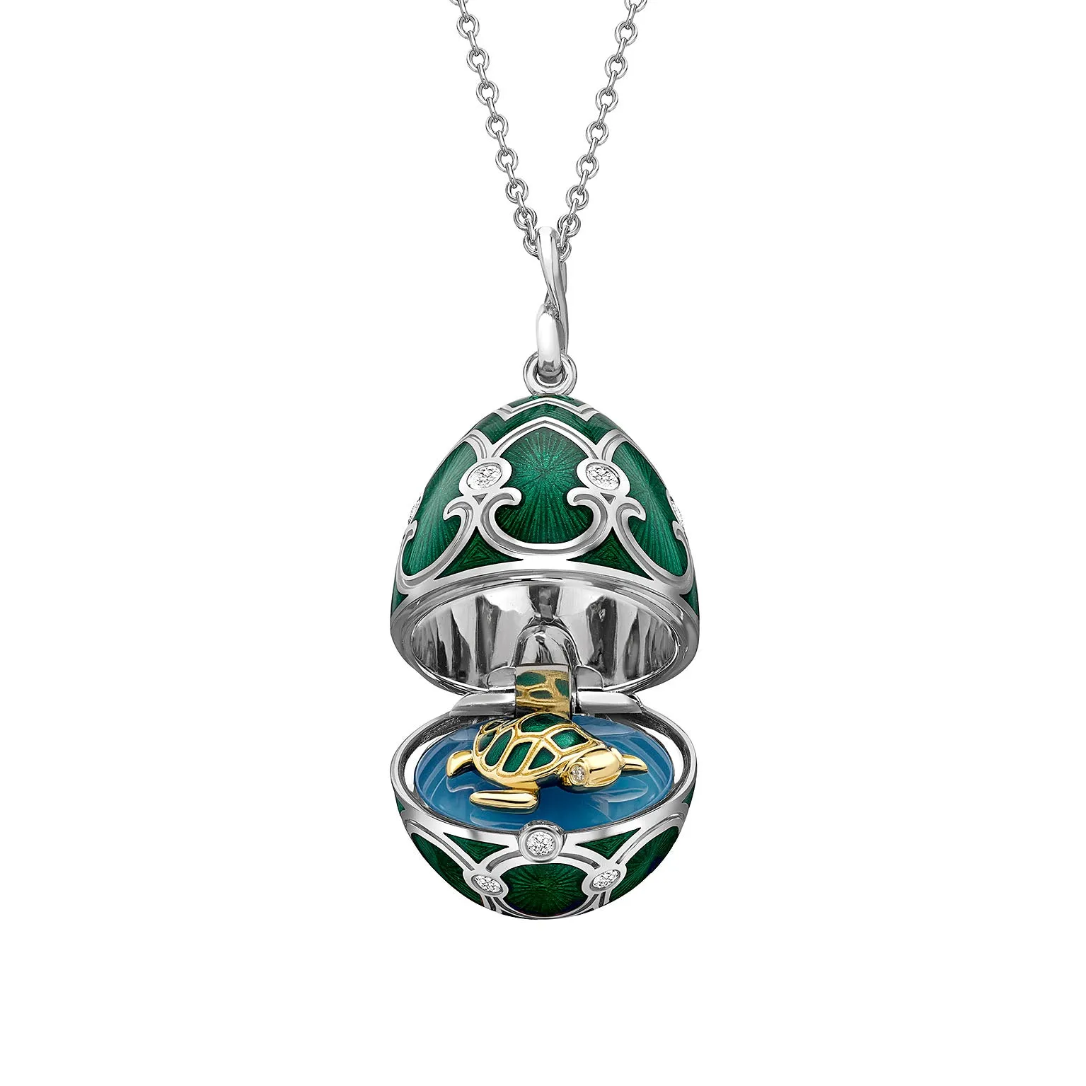 Faberge Heritage White Gold Green Guilloche Enamel Locket with Turtle Surprise sold by Jura Watches