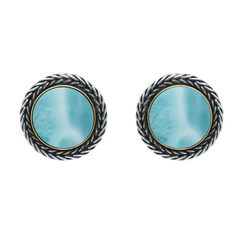 Sterling Silver 18ct Yellow Gold Larimar Foxtail Round Stud Earrings D sold by Jura Watches
